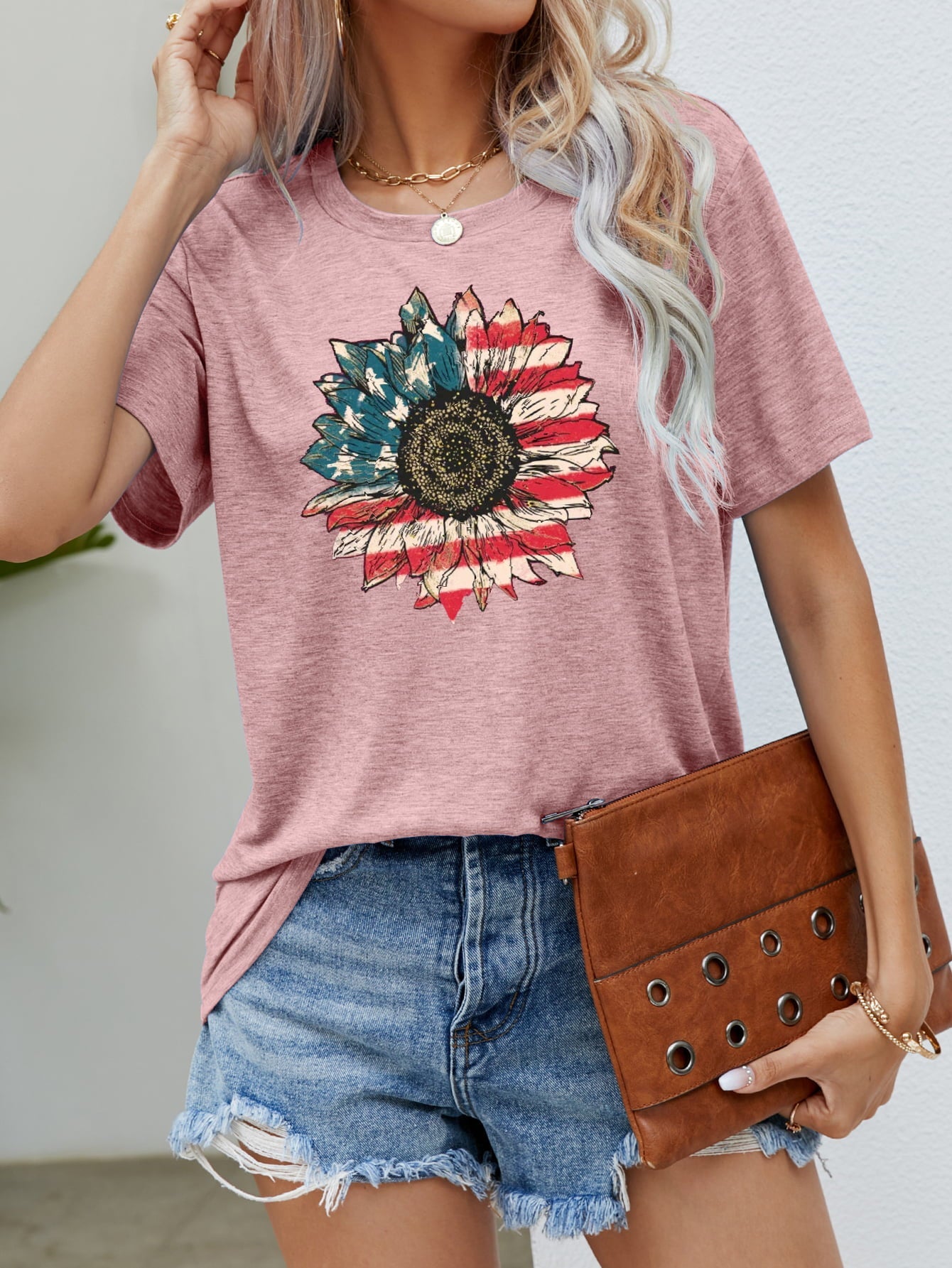 US Flag Flower Graphic Tee – Blush Pink by Simply Love