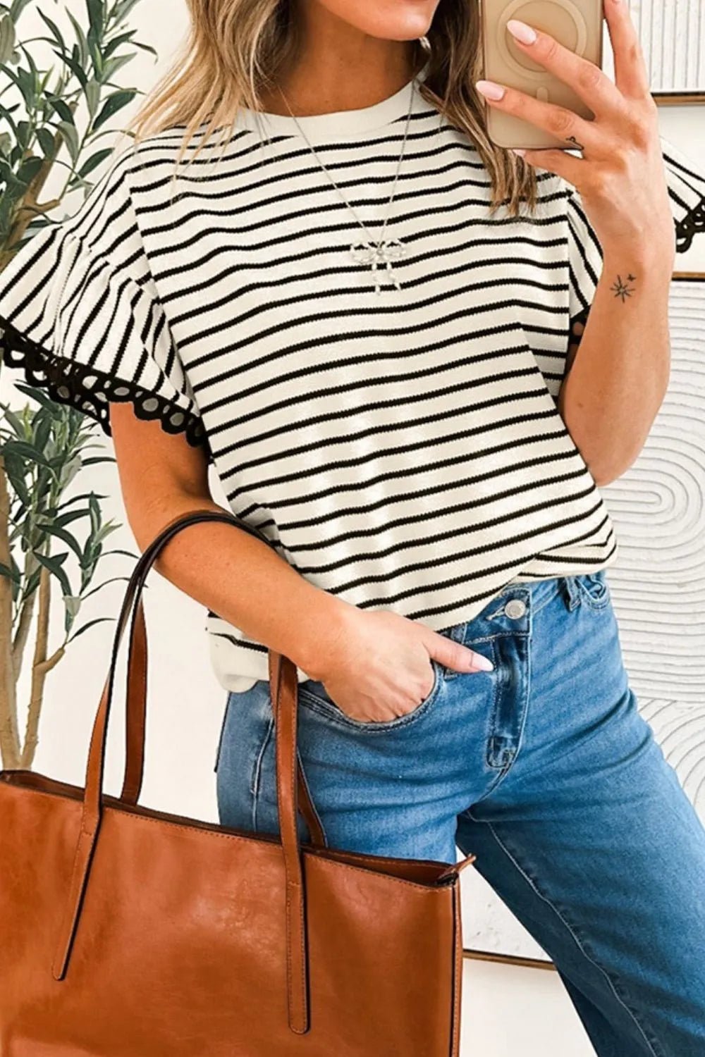 Striped Round Neck Ruffle Sleeve Blouse – Black by Simply Love