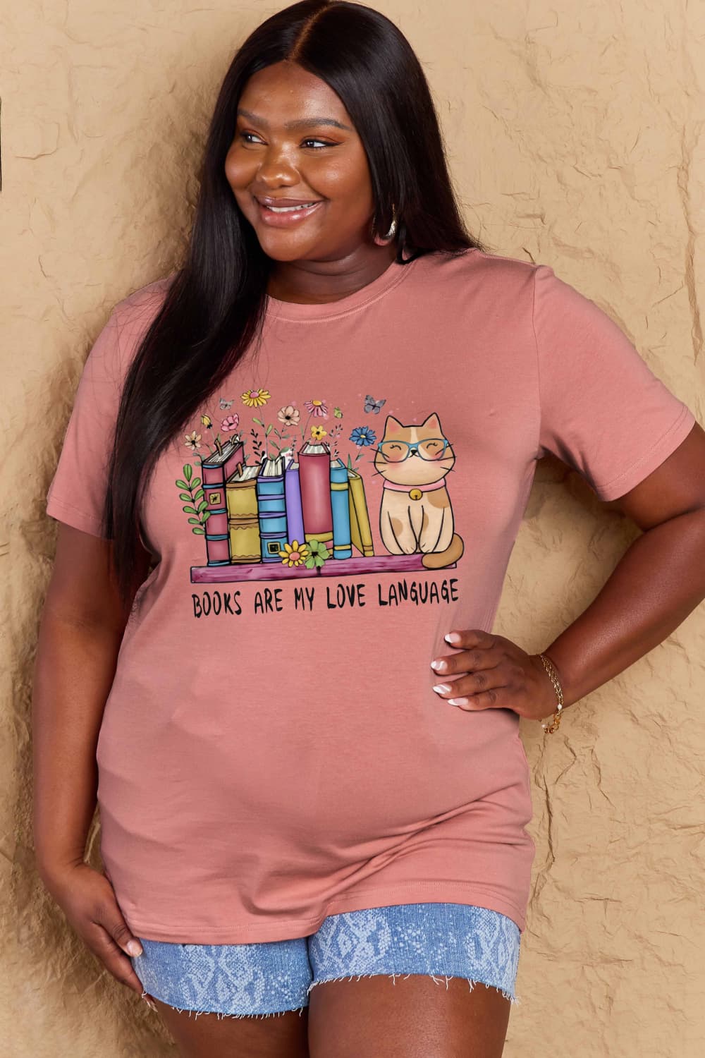 Simply Love Full Size BOOKS ARE MY LOVE LANGUAGE Graphic Cotton Tee – Dusty Pink by Simply Love