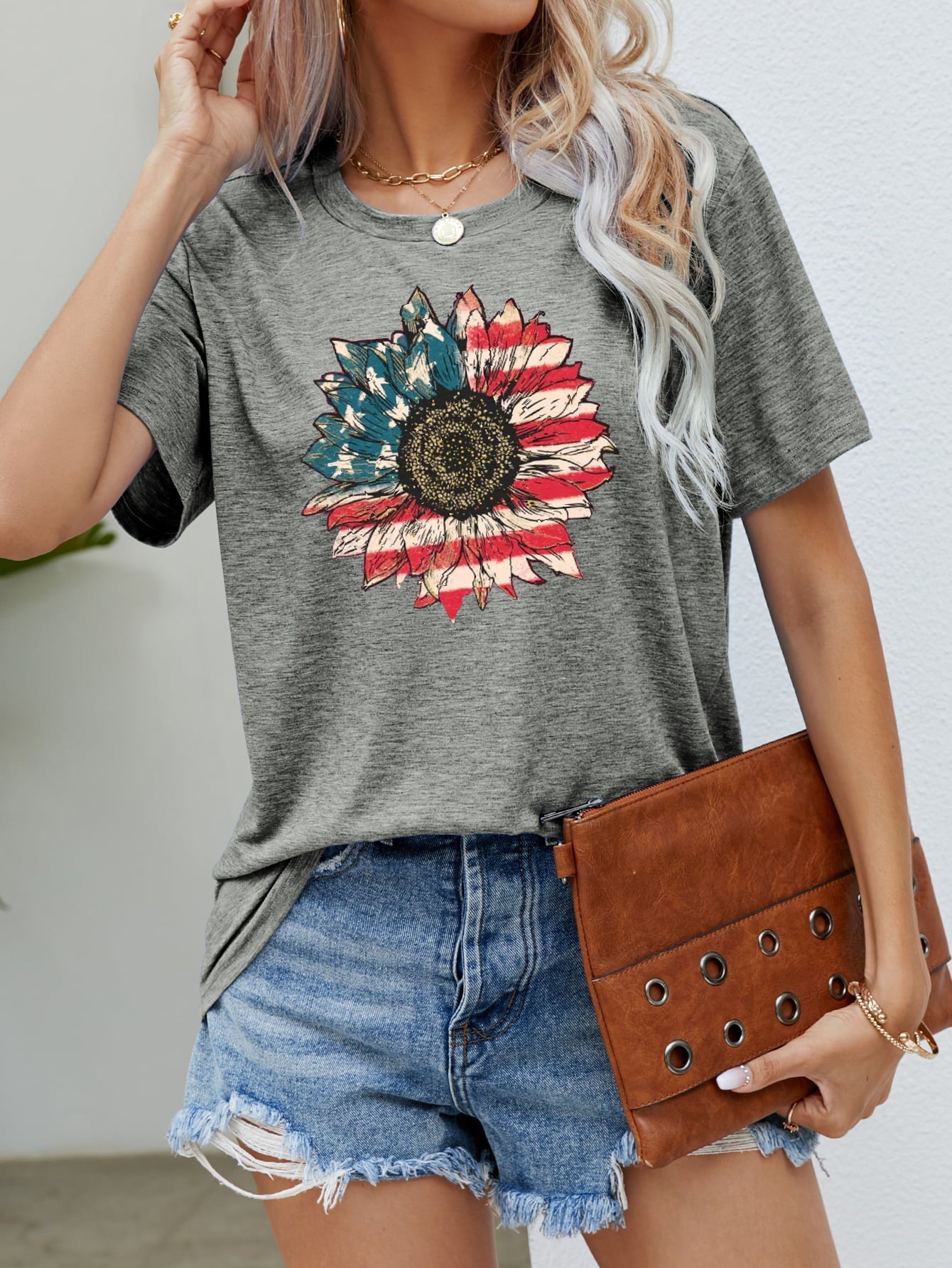 US Flag Flower Graphic Tee – Mid Gray by Simply Love