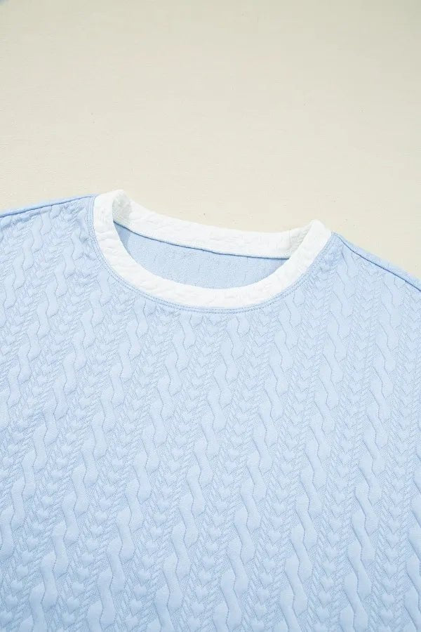 Contrast Trim Textured Crewneck Tee and Pocketed Skirt Set – Light Blue by Simply Love