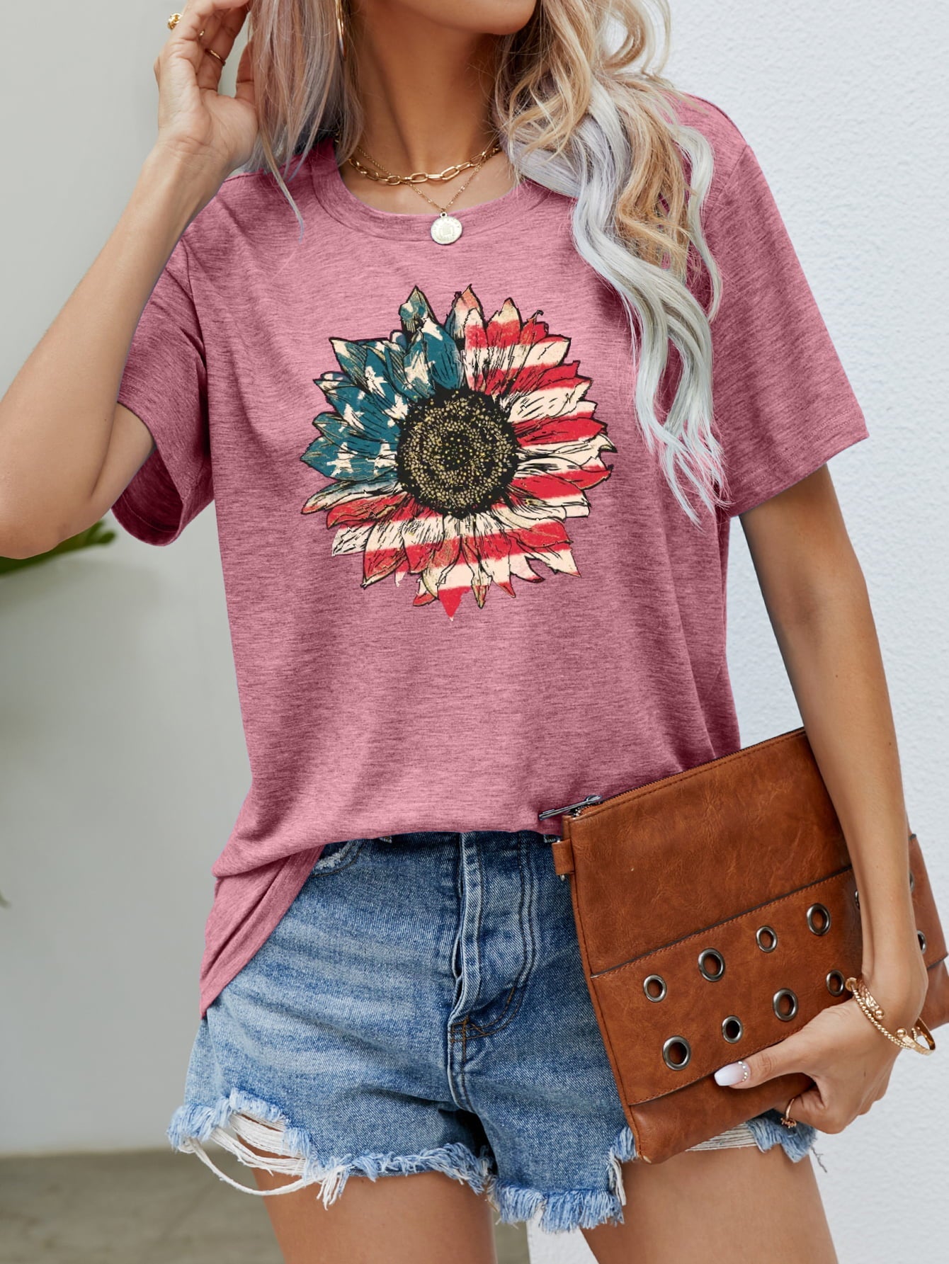 US Flag Flower Graphic Tee – Dusty Pink by Simply Love