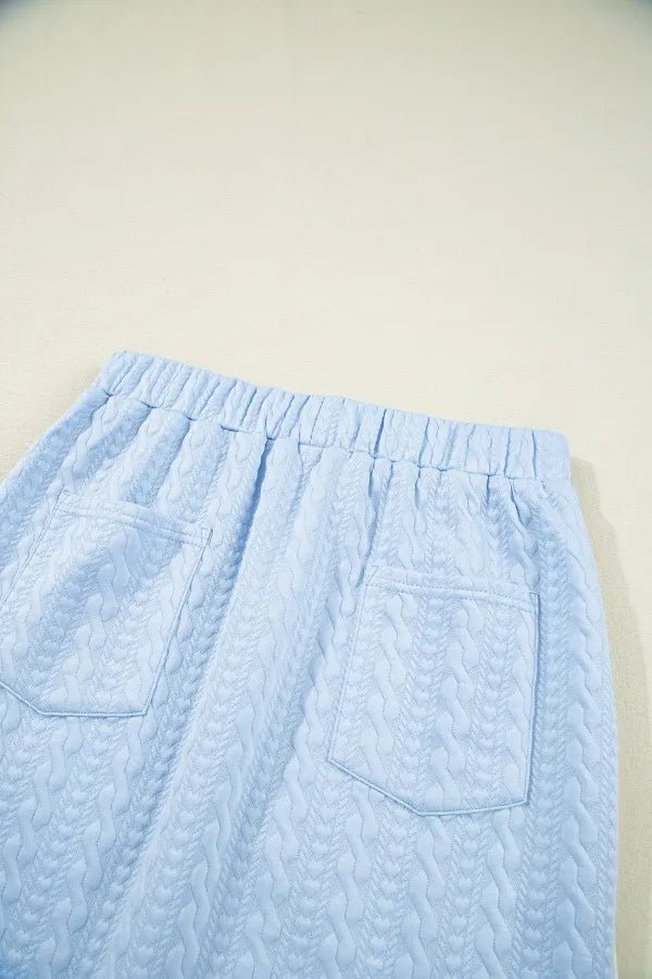 Contrast Trim Textured Crewneck Tee and Pocketed Skirt Set – Light Blue by Simply Love