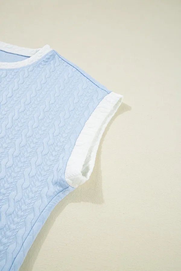 Contrast Trim Textured Crewneck Tee and Pocketed Skirt Set – Light Blue by Simply Love