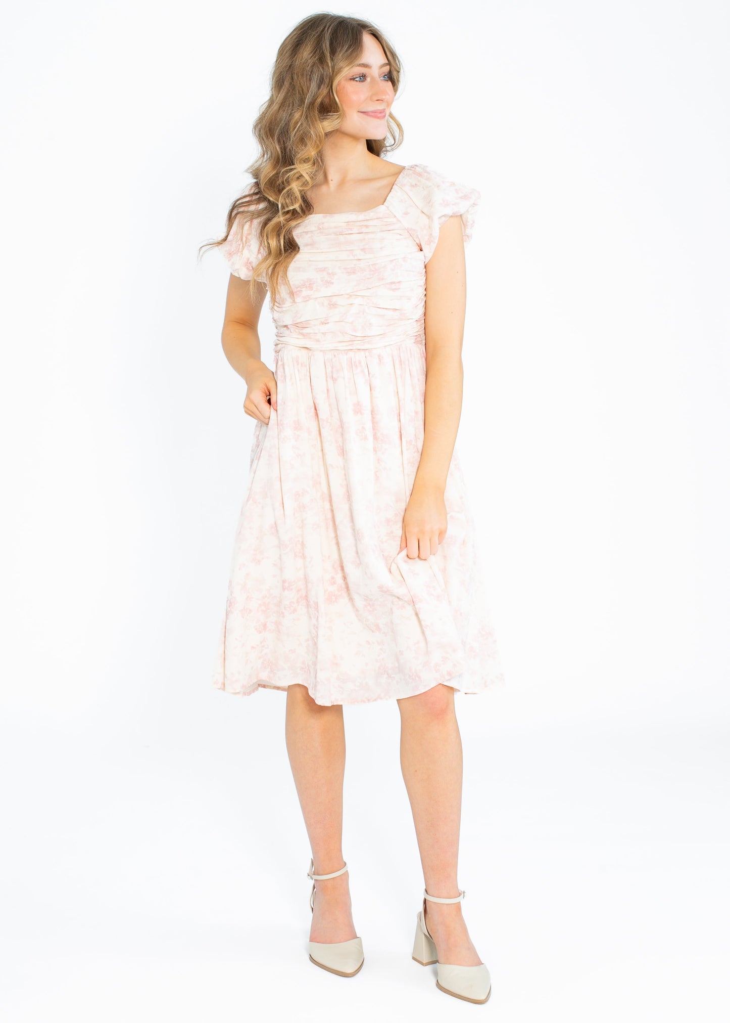 Brienna Ruched Bodice Cap Sleeve Midi Dress
