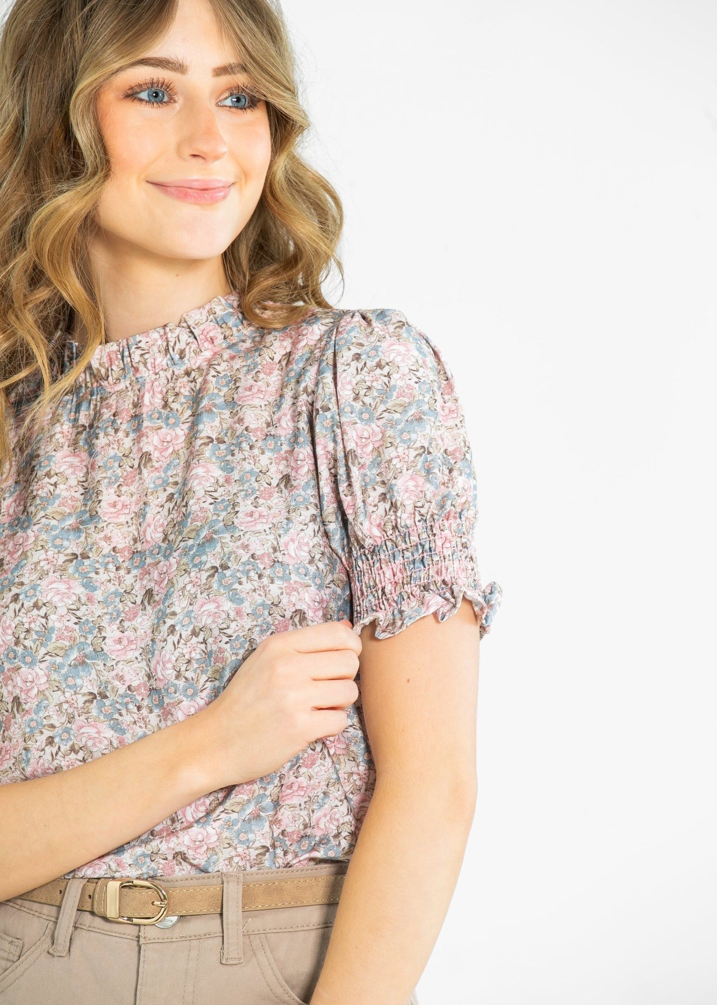 Clara Floral Ruffle Mockneck Short Sleeve Top – XS IC Tops by Inherit Co.