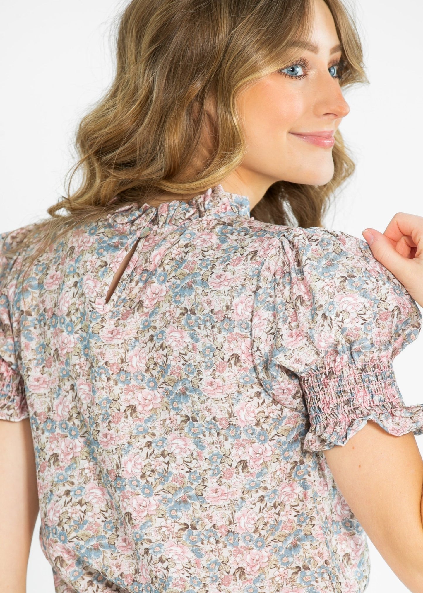 Clara Floral Ruffle Mockneck Short Sleeve Top – XS IC Tops by Inherit Co.