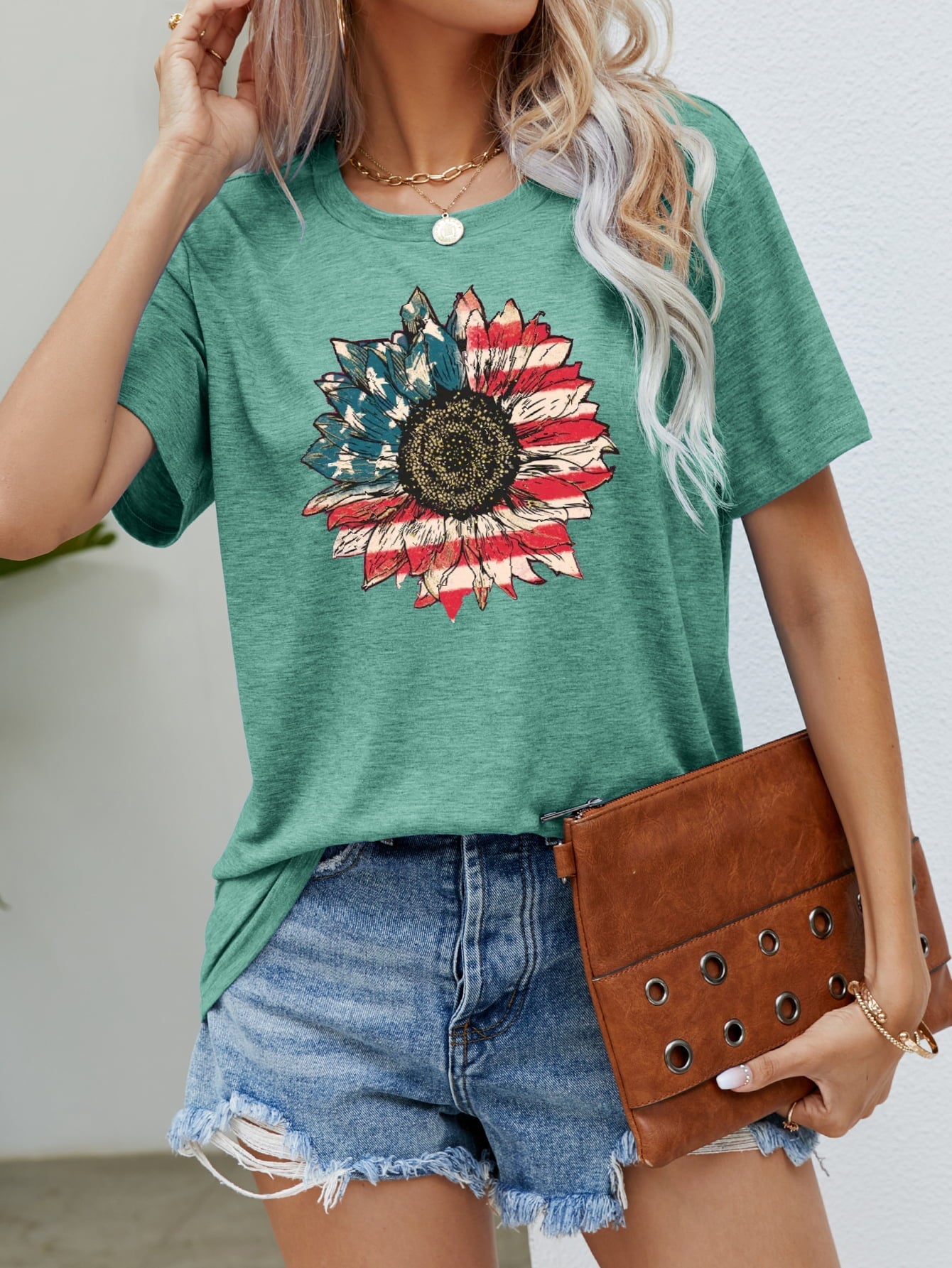 US Flag Flower Graphic Tee – Gum Leaf by Simply Love