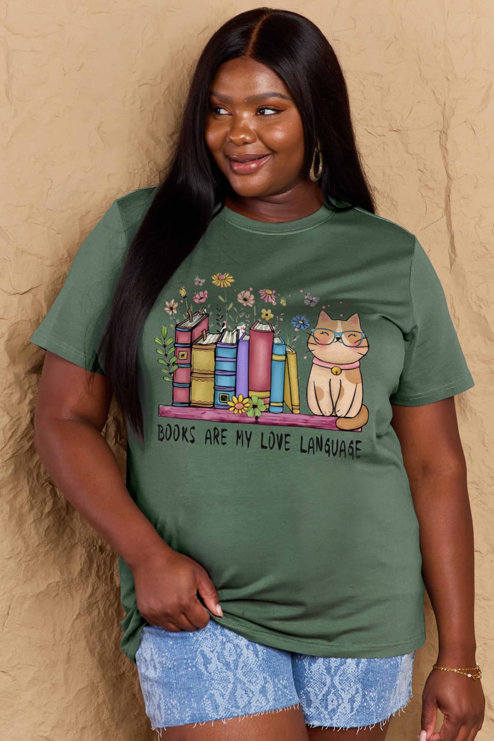 Simply Love Full Size BOOKS ARE MY LOVE LANGUAGE Graphic Cotton Tee – Green by Simply Love