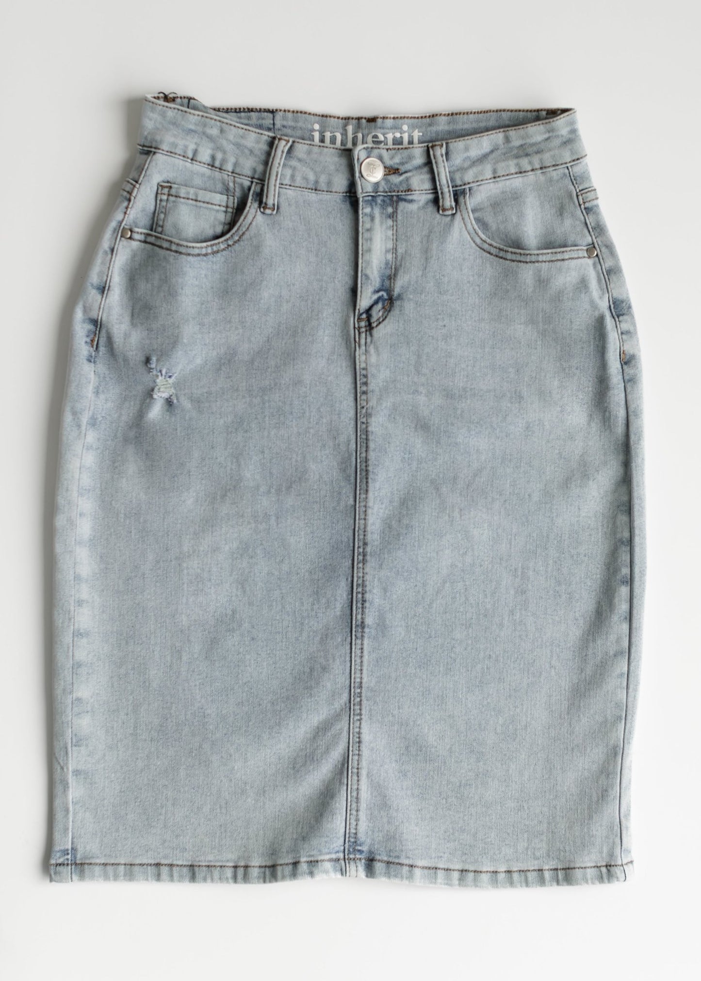Maelia Distressed Denim Midi Skirt – 2 IC Skirts by Inherit Co.