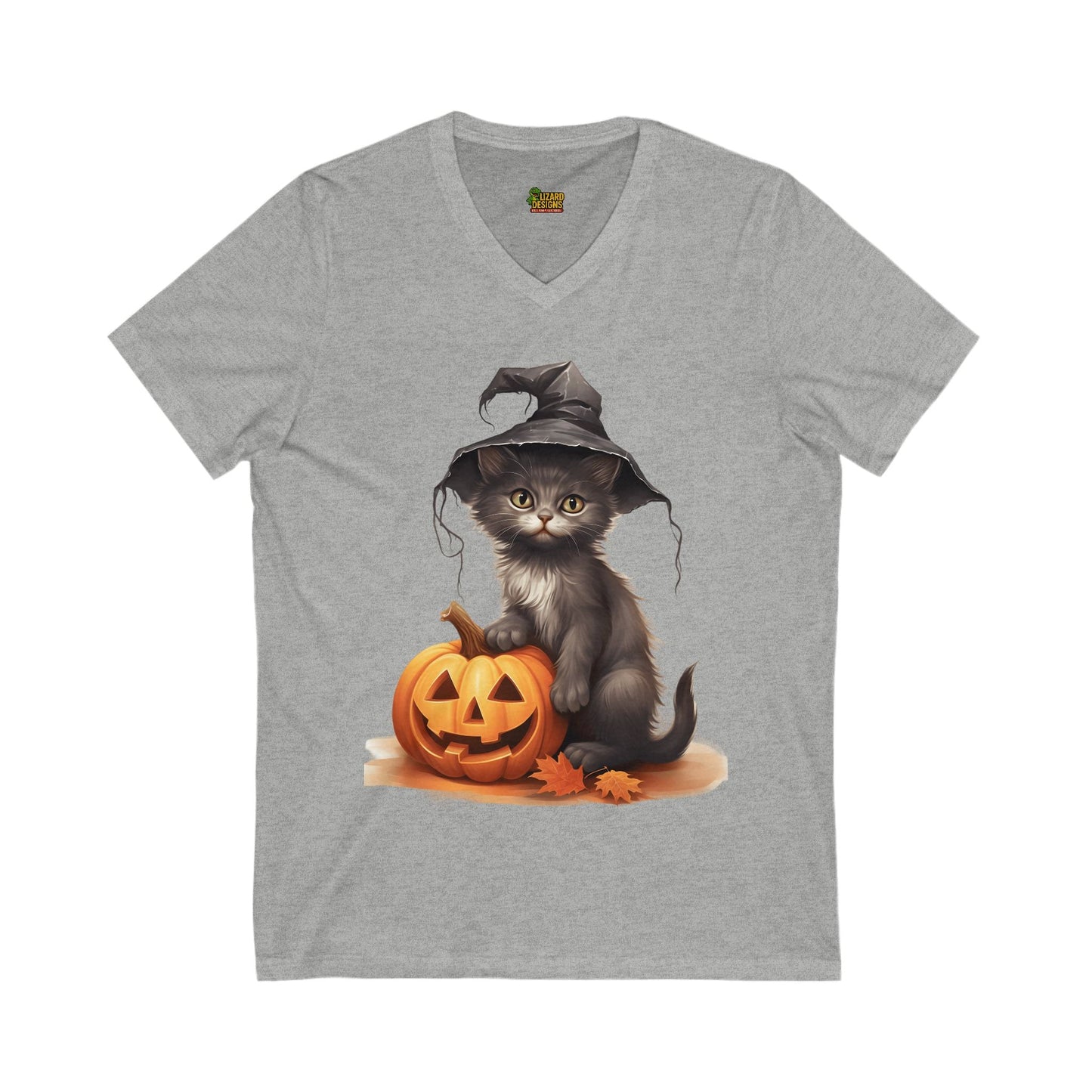 Witchy Kitten Halloween Tee – Cute Cat with Pumpkin V - Neck Shirt | Fall & Spooky Season T-Shirt – Athletic Heather V - neck by Printify