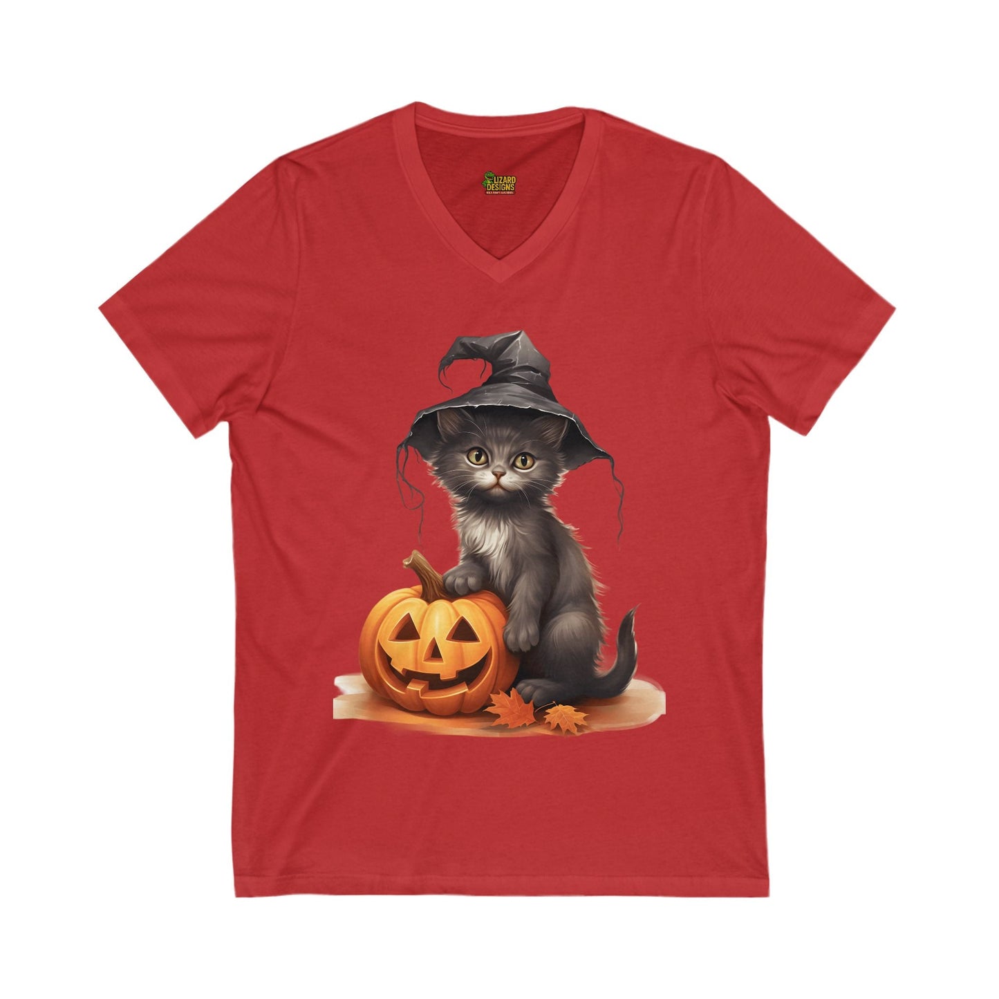 Witchy Kitten Halloween Tee – Cute Cat with Pumpkin V - Neck Shirt | Fall & Spooky Season T-Shirt – Red V - neck by Printify