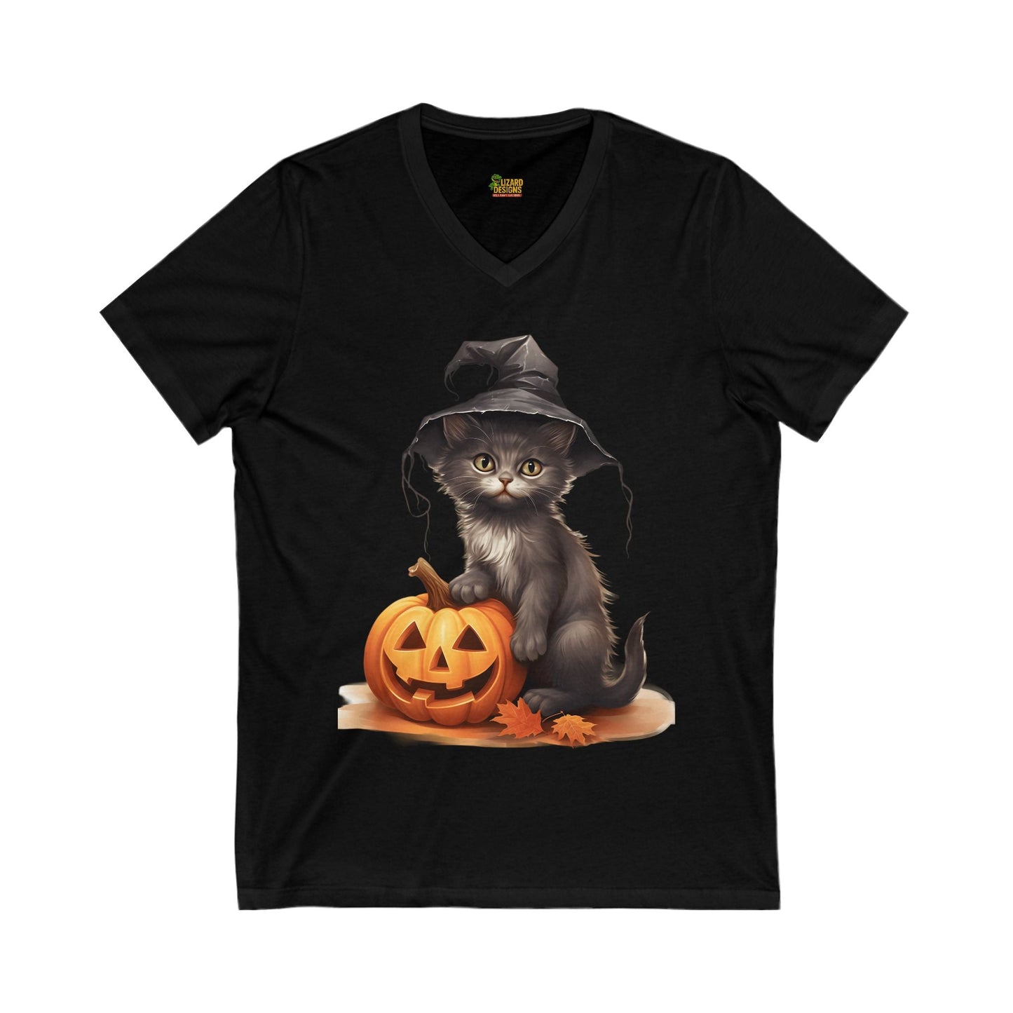 Witchy Kitten Halloween Tee – Cute Cat with Pumpkin V - Neck Shirt | Fall & Spooky Season T-Shirt – Black V - neck by Printify