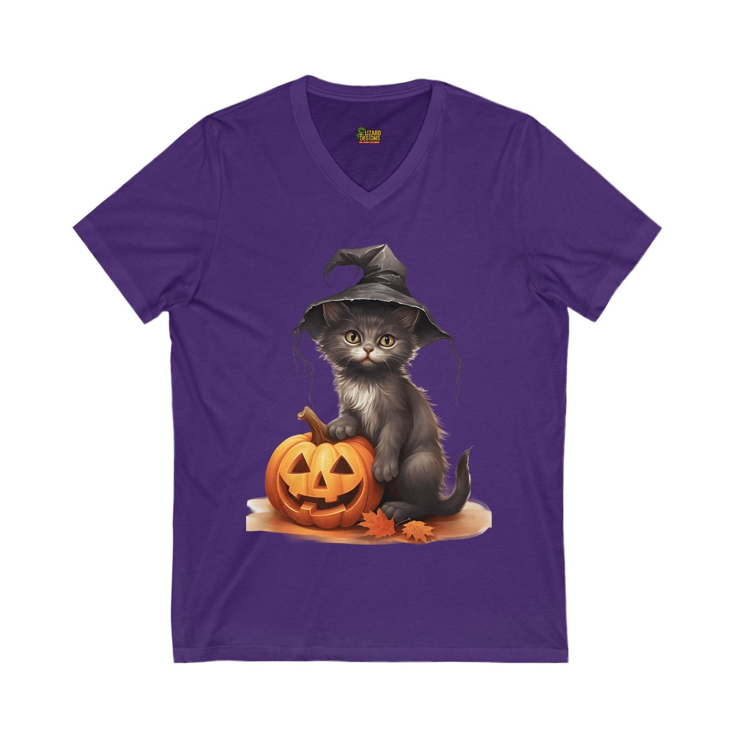 Witchy Kitten Halloween Tee – Cute Cat with Pumpkin V - Neck Shirt | Fall & Spooky Season T-Shirt – Team Purple V - neck by Printify