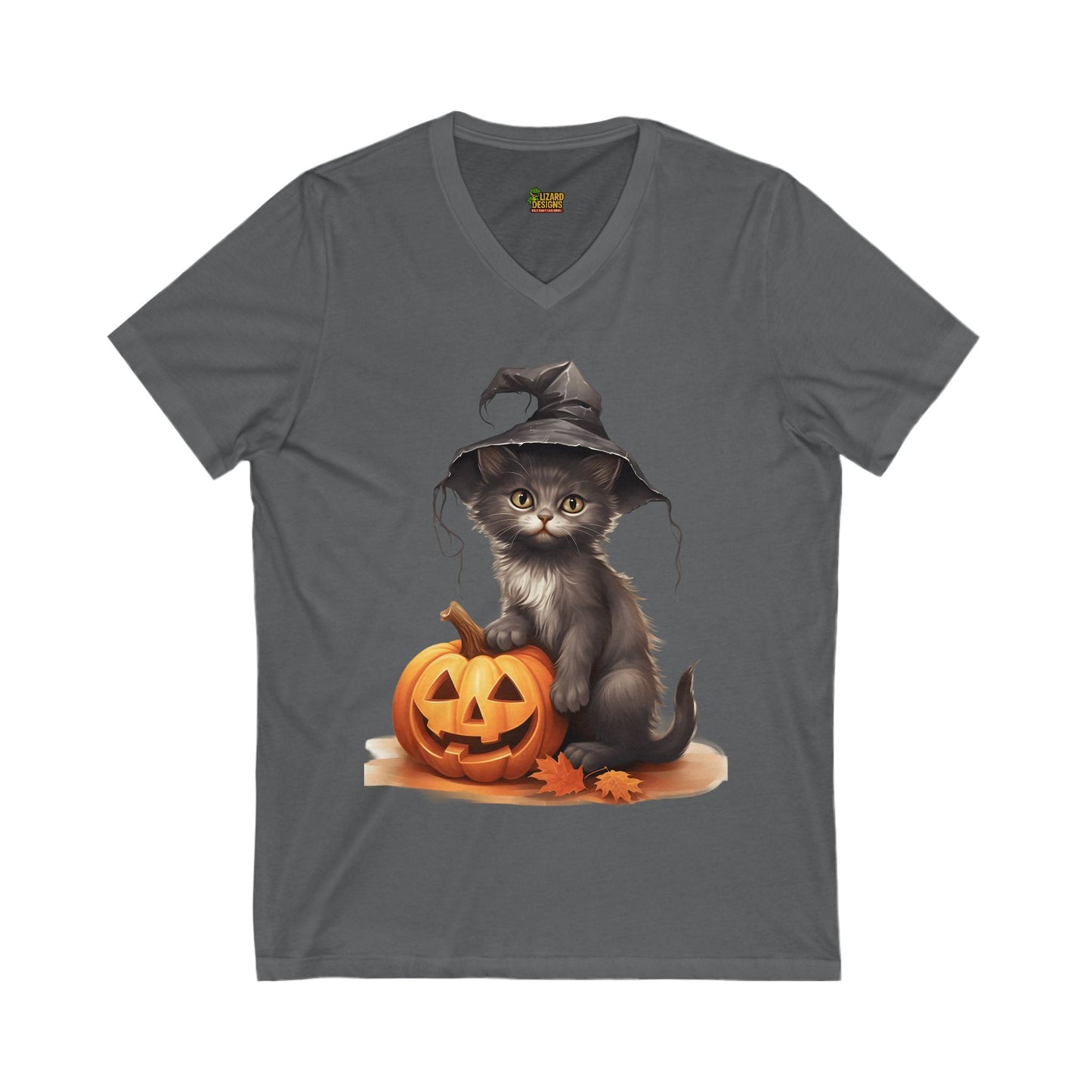 Witchy Kitten Halloween Tee – Cute Cat with Pumpkin V - Neck Shirt | Fall & Spooky Season T-Shirt – Asphalt V - neck by Printify