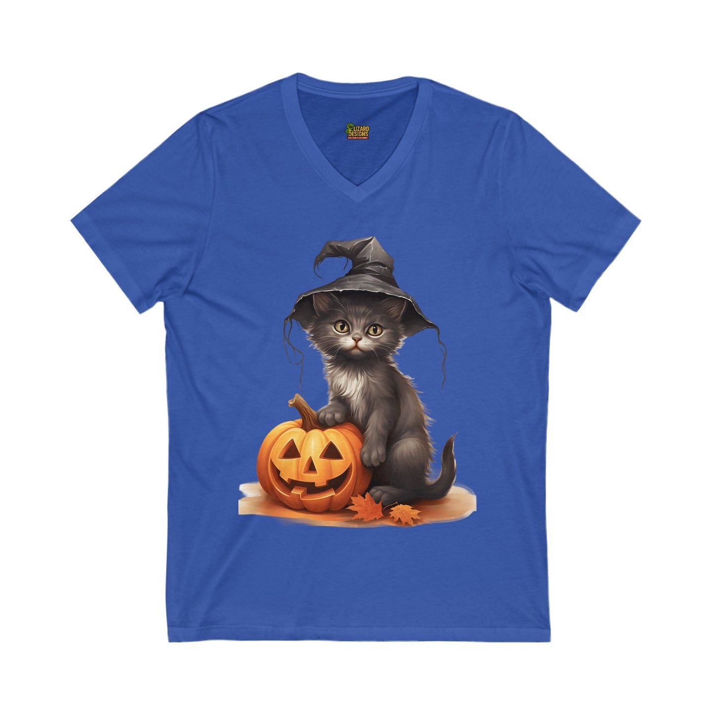 Witchy Kitten Halloween Tee – Cute Cat with Pumpkin V - Neck Shirt | Fall & Spooky Season T-Shirt – True Royal V - neck by Printify