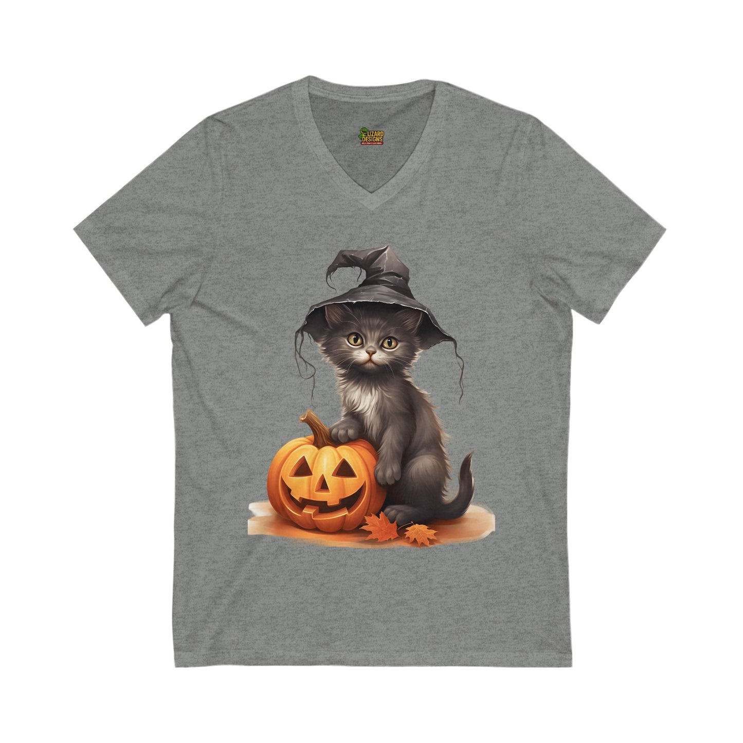 Witchy Kitten Halloween Tee – Cute Cat with Pumpkin V - Neck Shirt | Fall & Spooky Season T-Shirt – Deep Heather V - neck by Printify