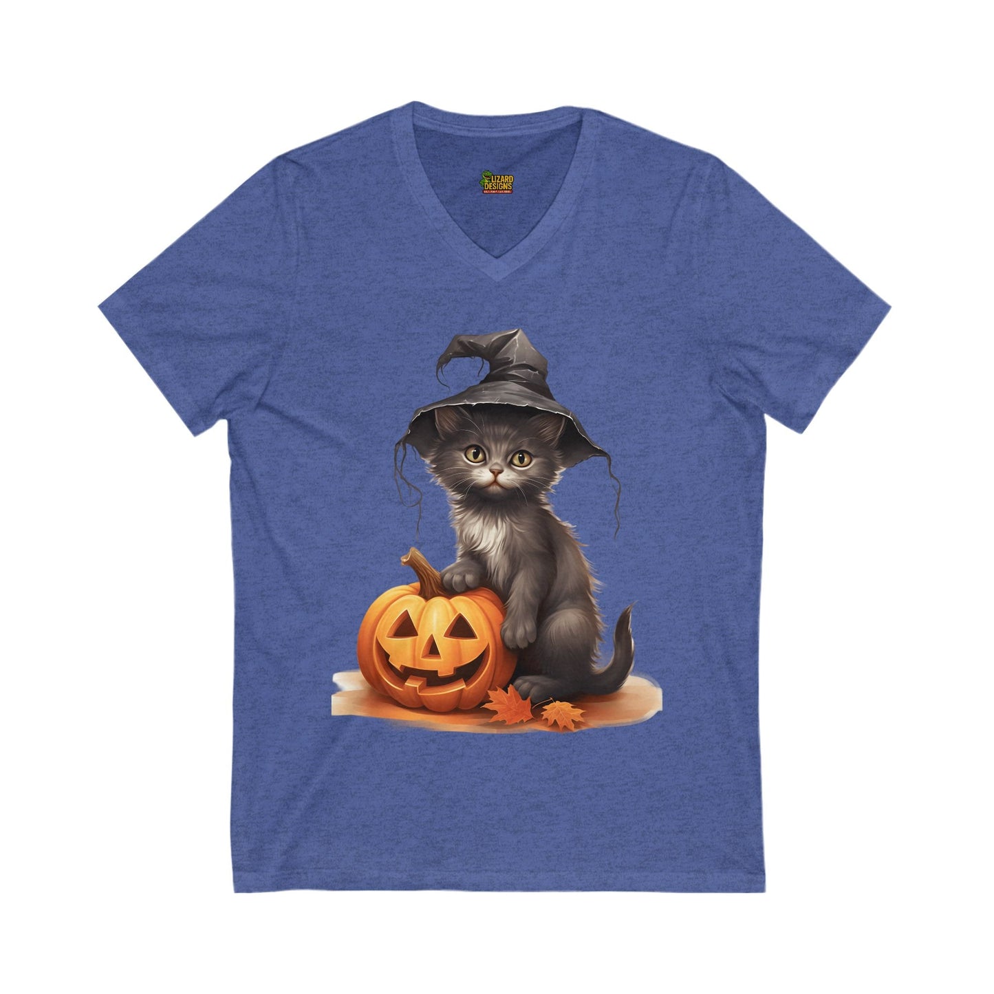 Witchy Kitten Halloween Tee – Cute Cat with Pumpkin V - Neck Shirt | Fall & Spooky Season T-Shirt – Heather True Royal V - neck by Printify