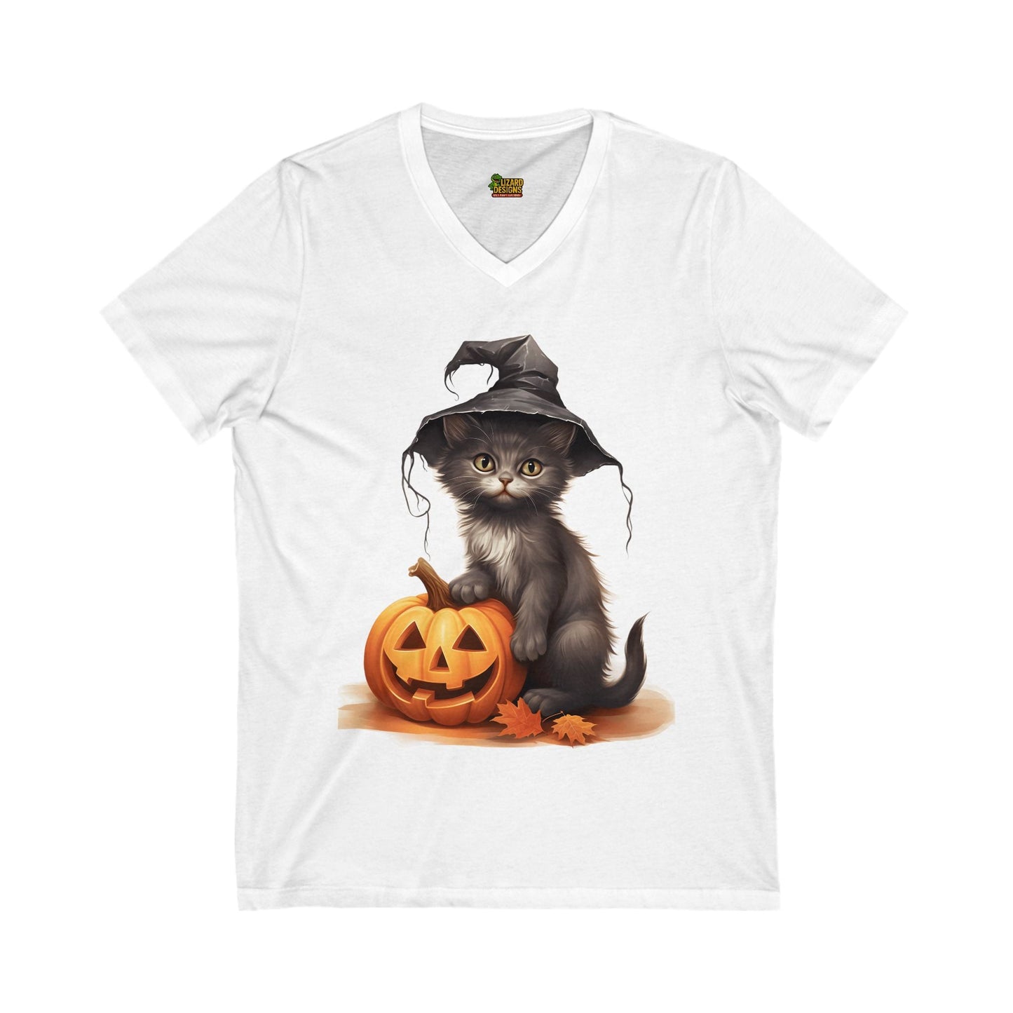 Witchy Kitten Halloween Tee – Cute Cat with Pumpkin V - Neck Shirt | Fall & Spooky Season T-Shirt – White V - neck by Printify