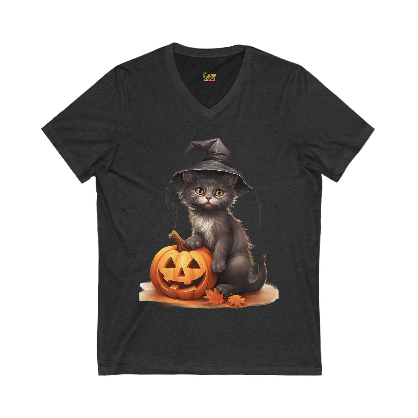 Witchy Kitten Halloween Tee – Cute Cat with Pumpkin V - Neck Shirt | Fall & Spooky Season T-Shirt – Dark Grey Heather V - neck by Printify