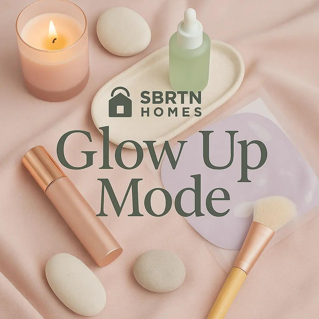 Sbrtn Homes Glow Up Mode beauty and self-care collection with candle, skincare bottles, and soft textures