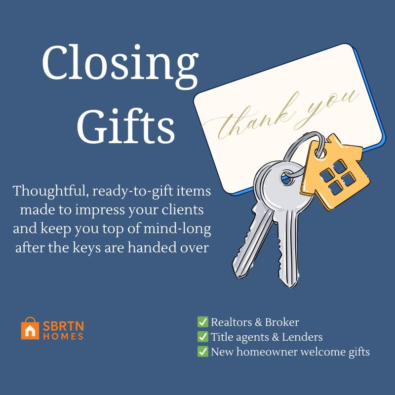 Closing gifts for Realtors and homeowners – Sbrtn Homes keychain and thank-you card.