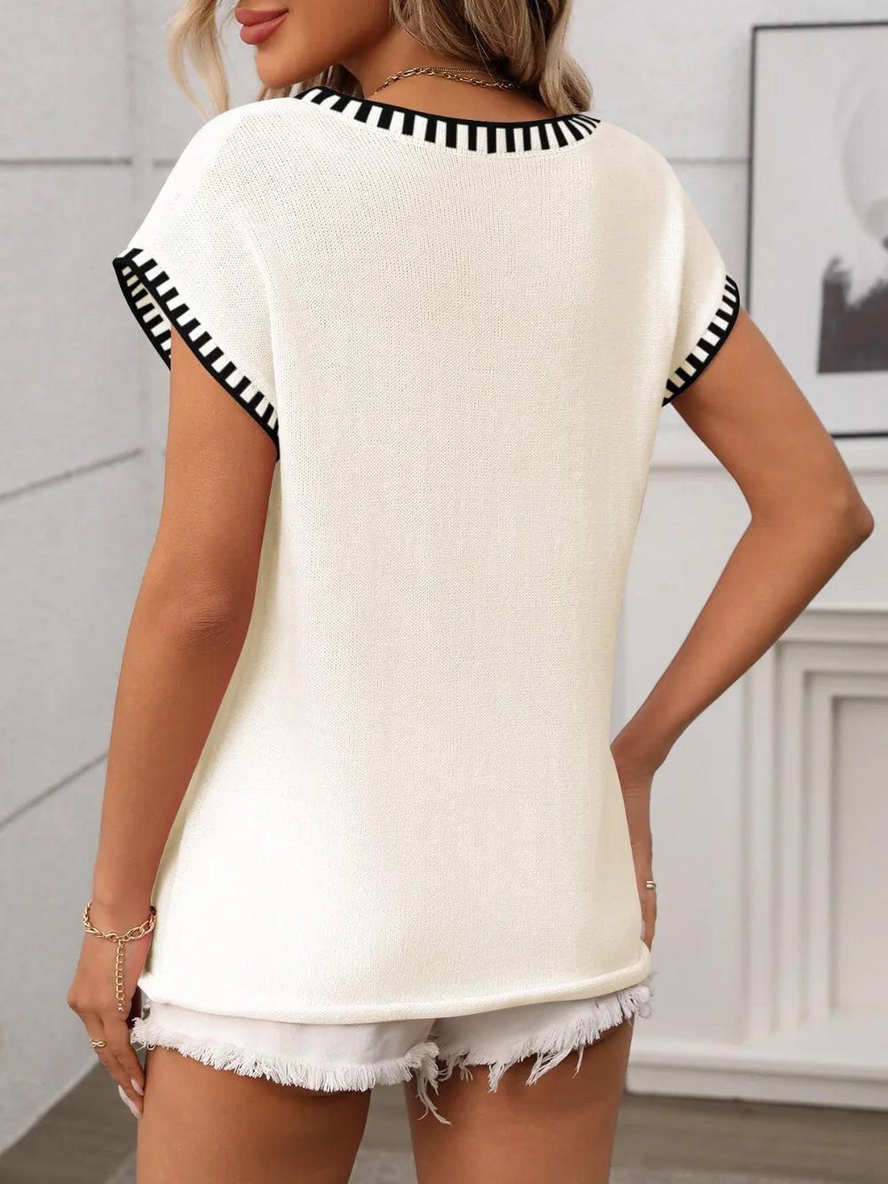 Contrast Trim V - Neck Short Sleeve Knit Top – Cream by Simply Love
