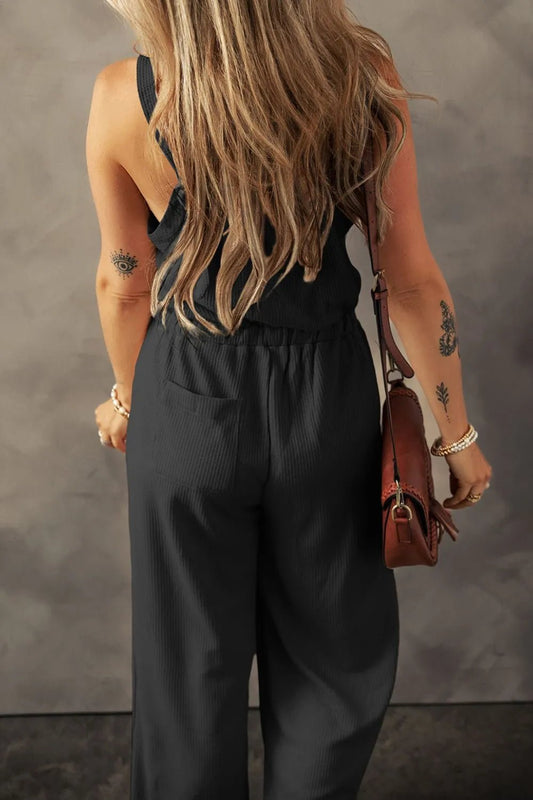 Knotted Straps Button Textured Drawstring Jumpsuit – Black by Simply Love