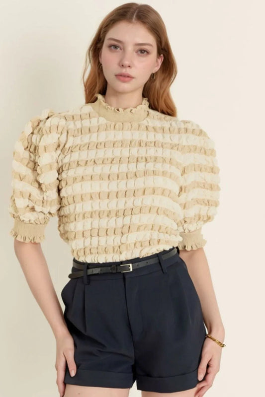 Textured Mock Neck Short Sleeve Blouse – Beige by Simply Love