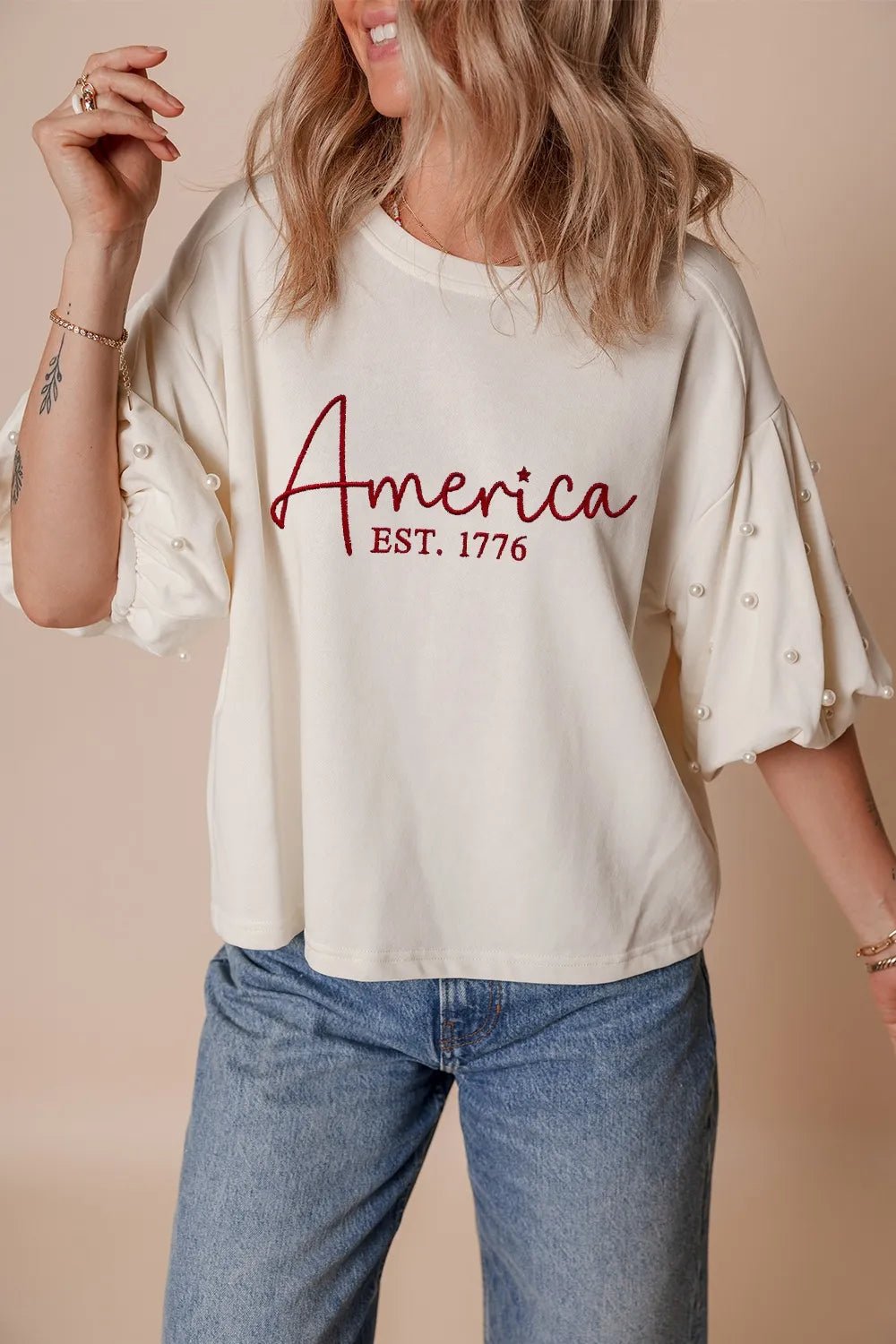 AMERICA EST 1776 Embroidered Pearl Beaded Sleeve T Shirt – White by Simply Love