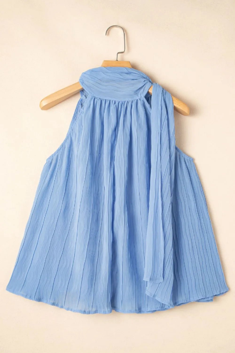 Textured Pleated Tied Mock Neck Flowy Tank Top