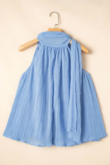 Textured Pleated Tied Mock Neck Flowy Tank Top