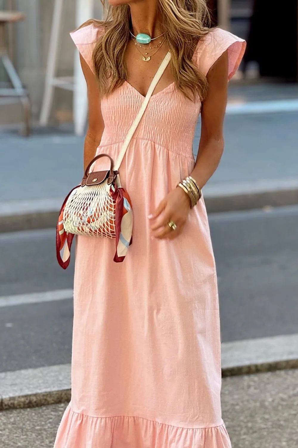 V Neck Ruffled Cap Sleeve Smocked Maxi Dress – Watermelon pink by Simply Love