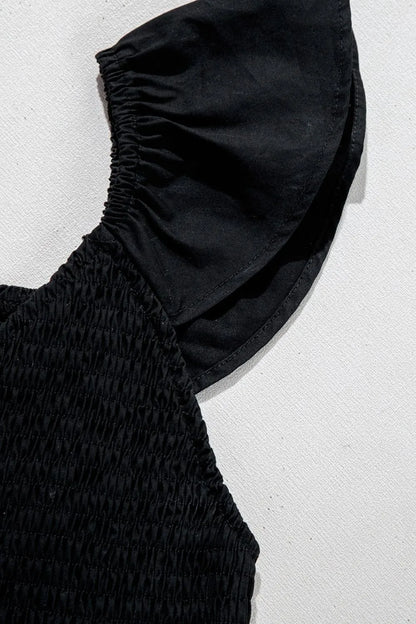 V Neck Ruffled Cap Sleeve Smocked Maxi Dress – Black by Simply Love