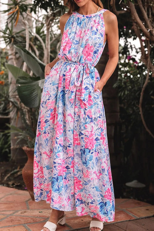 Floral Printed Sleeveless O Neck Knot Waist Dress – Floral by Simply Love