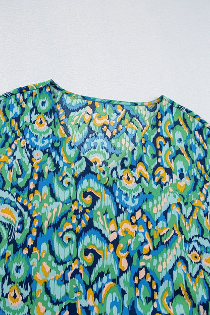 Abstract Print V Neck Half Sleeve Loose Fit Blouse – Turquoise by Simply Love