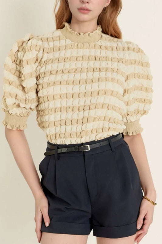Textured Mock Neck Short Sleeve Blouse – Beige by Simply Love