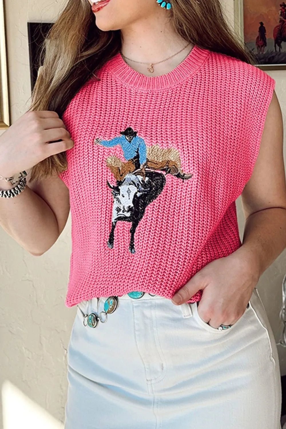 Graphic Round Neck Sweater Vest – Hot Pink by Simply Love