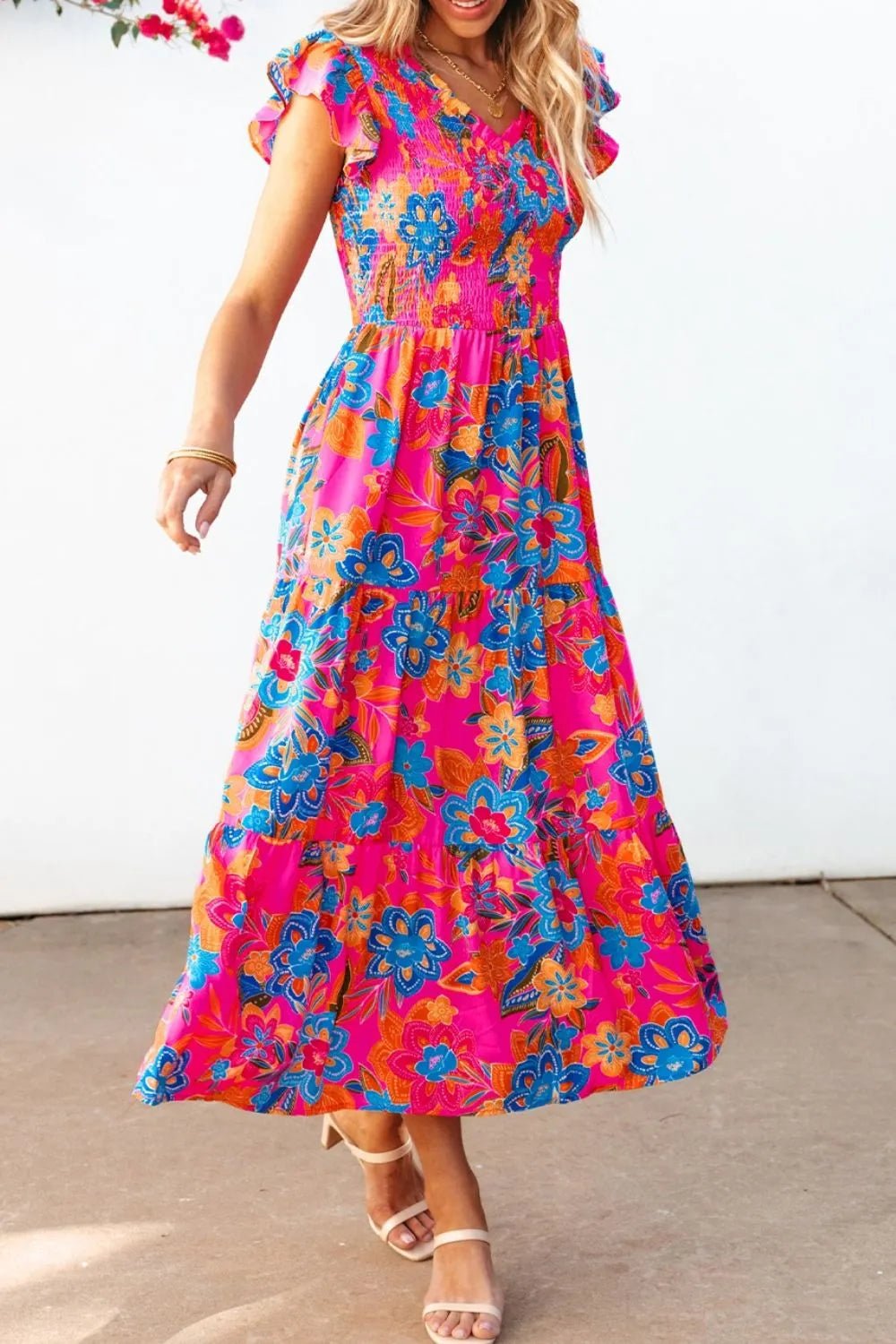 Boho Floral V Neck Ruffle Tiered Dress – Hot Pink by Simply Love