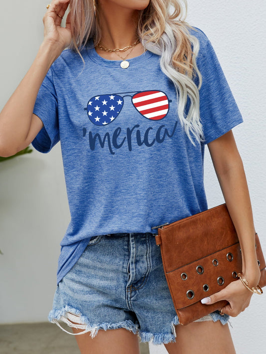 US Flag Glasses Graphic Tee – Cobalt Blue by Simply Love
