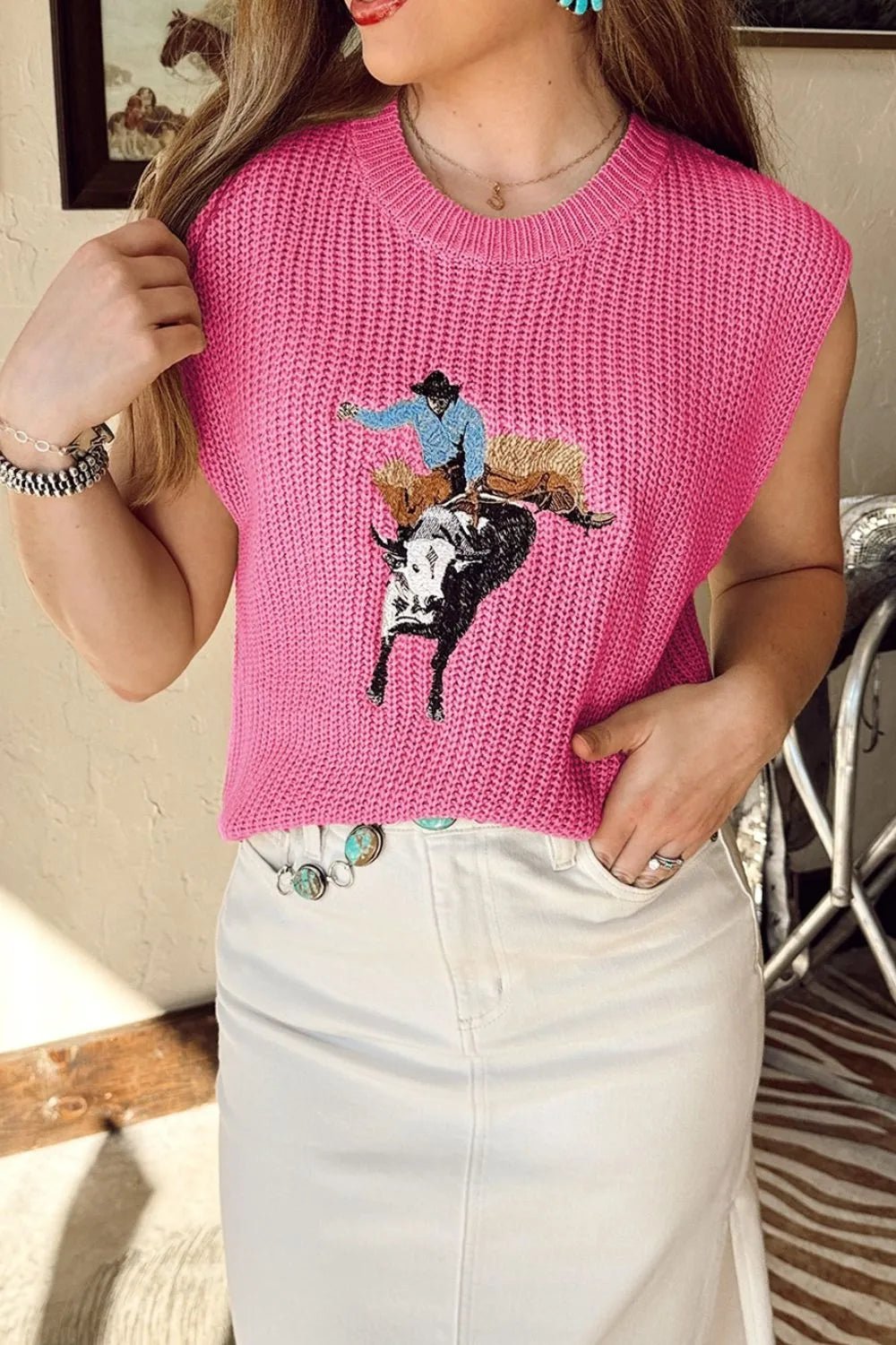 Graphic Round Neck Sweater Vest – Hot Pink by Simply Love