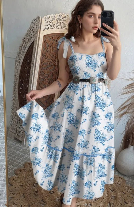 Printed Tie Shoulder Dress – Light Blue by Simply Love