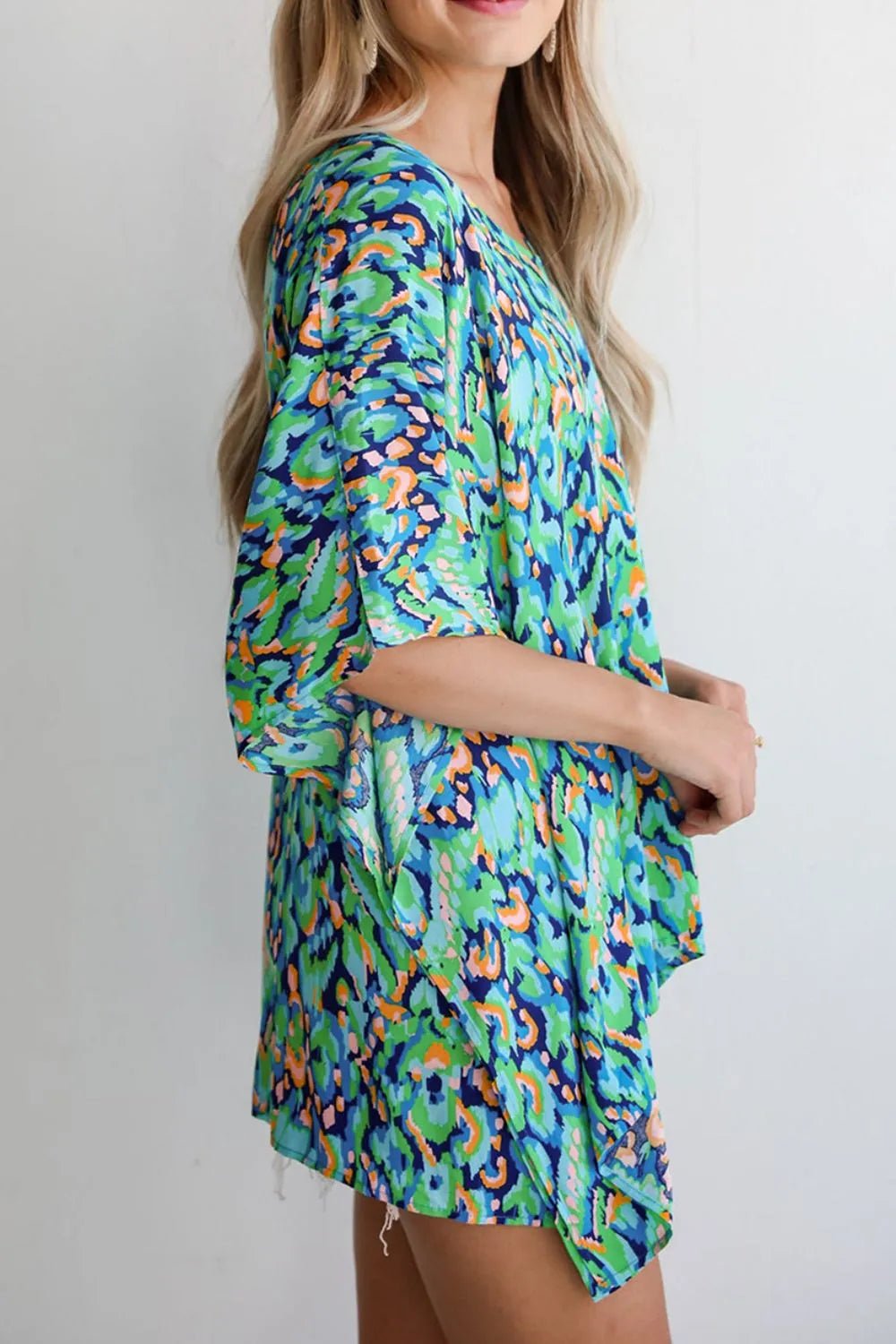 Abstract Print V Neck Half Sleeve Loose Fit Blouse – Turquoise by Simply Love