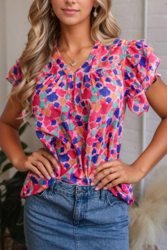 Abstract Print Ruffled Sleeve Notched Blouse