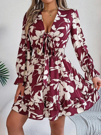 Tied Ruffled Printed Long Sleeve Dress – Burgundy by Simply Love