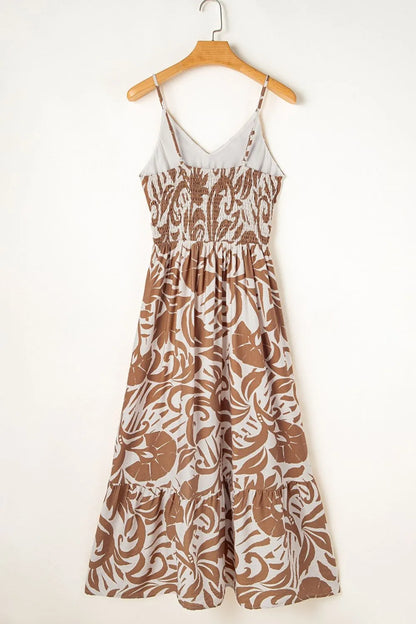 Floral Shirred High Waist Spaghetti Straps Dress