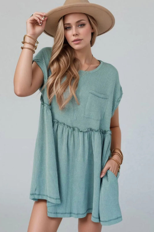 Frill Round Neck Cap Sleeve Mini Dress – Teal by Simply Love