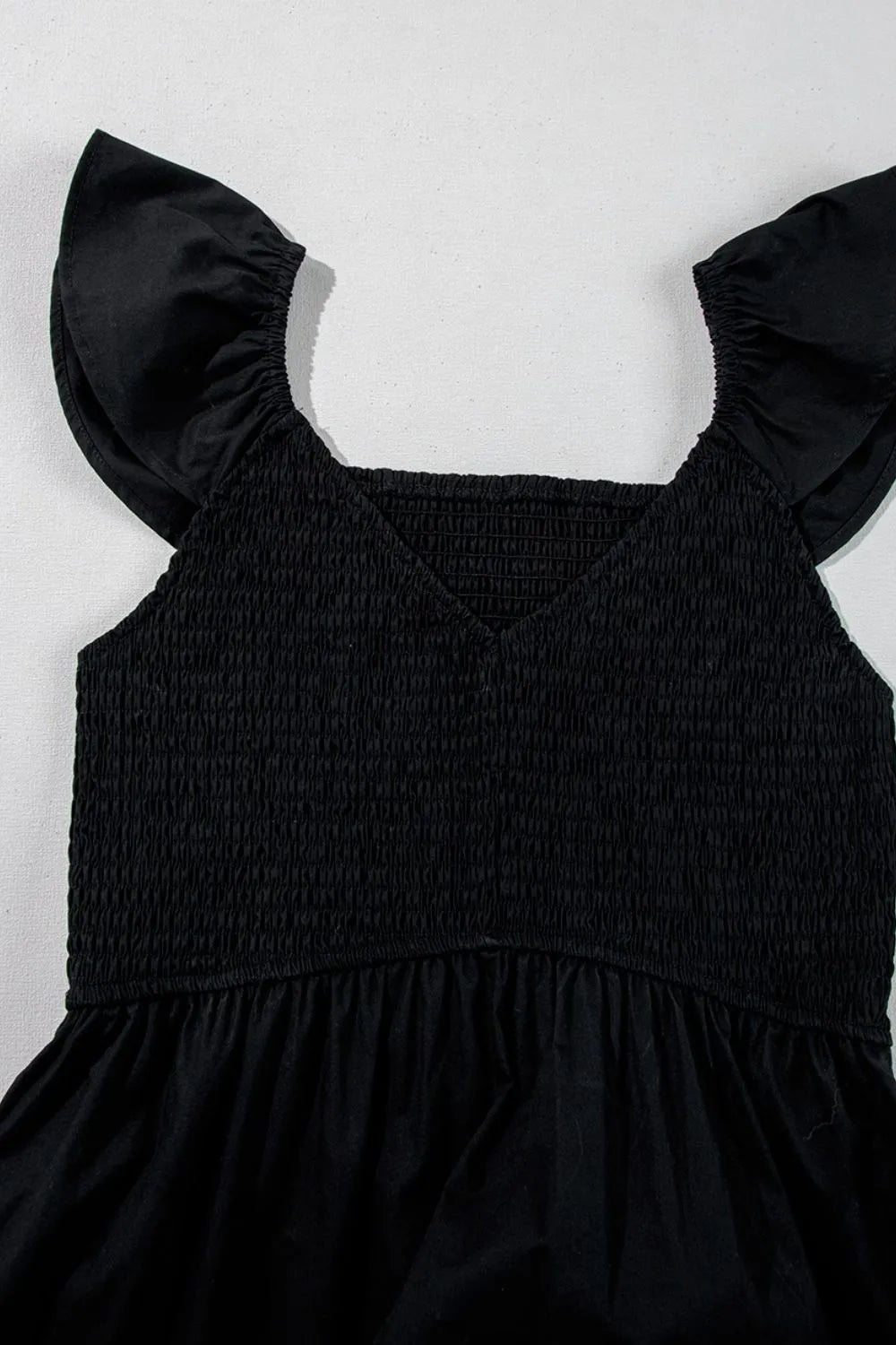 V Neck Ruffled Cap Sleeve Smocked Maxi Dress – Black by Simply Love