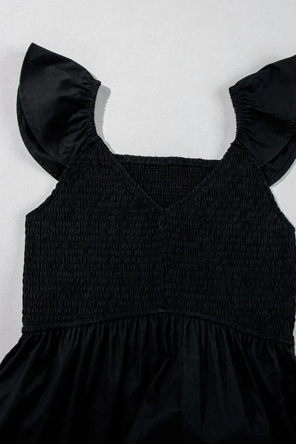 V Neck Ruffled Cap Sleeve Smocked Maxi Dress – Black by Simply Love
