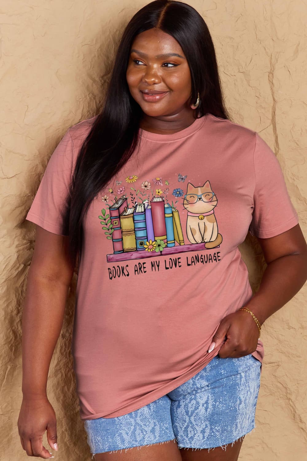 Simply Love Full Size BOOKS ARE MY LOVE LANGUAGE Graphic Cotton Tee – Dusty Pink by Simply Love
